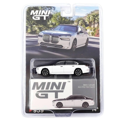 Mini GT 1/64 BMW i7 xDrive60 Alpine White / Black Sapphire - 959 Blister Paket
